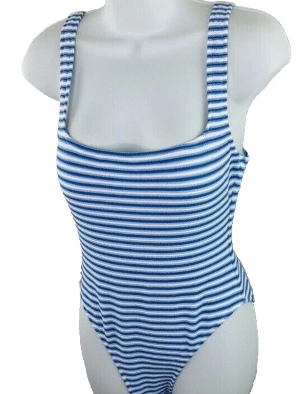 J. Crew Textured Squareneck One Piece Swimsuit Blue & White Striped Size 12 NWTS - Picture 4 of 9
